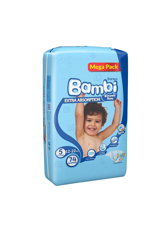 Size 5, Xl, 12-22 Kg, Mega Pack, 74 Diapers