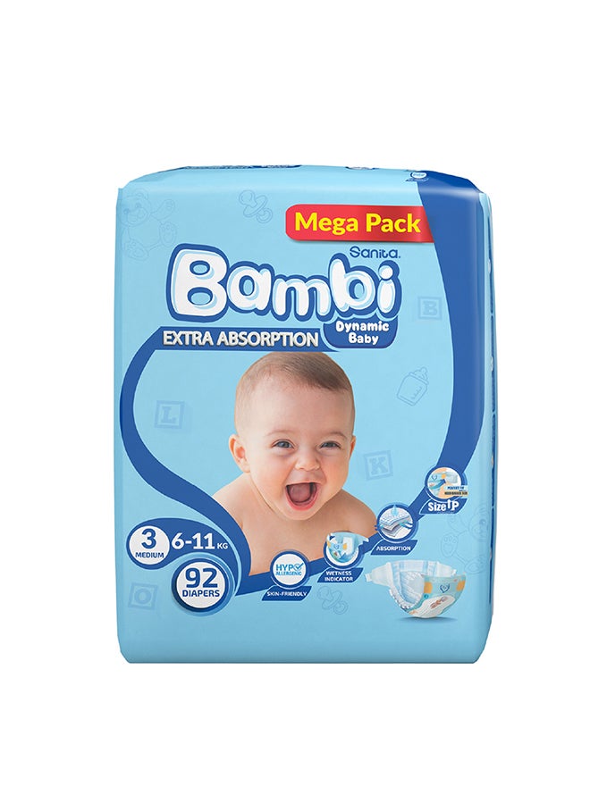 Size 3, Medium, 6-11 Kg, Mega Pack, 92 Diapers