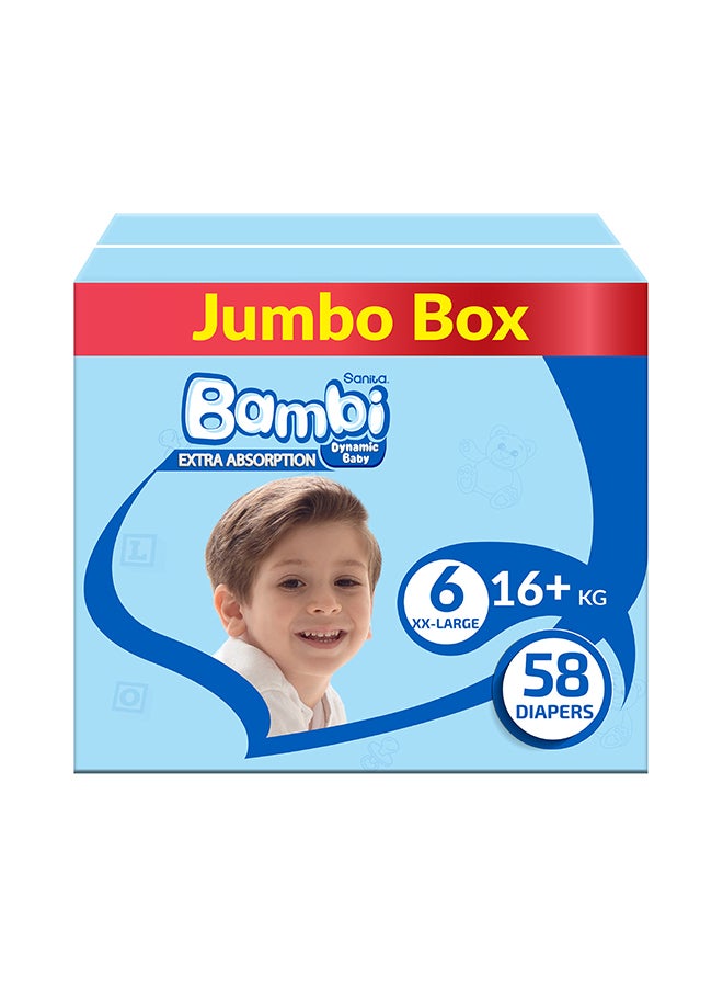 Baby Diapers Jumbo Box Size 6, XX Large +16 KG, 58 Count