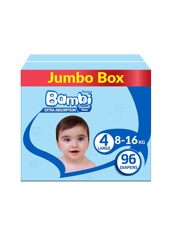 Size 4, Large, 8-16 Kg, Jumbo Box, 96 Diapers