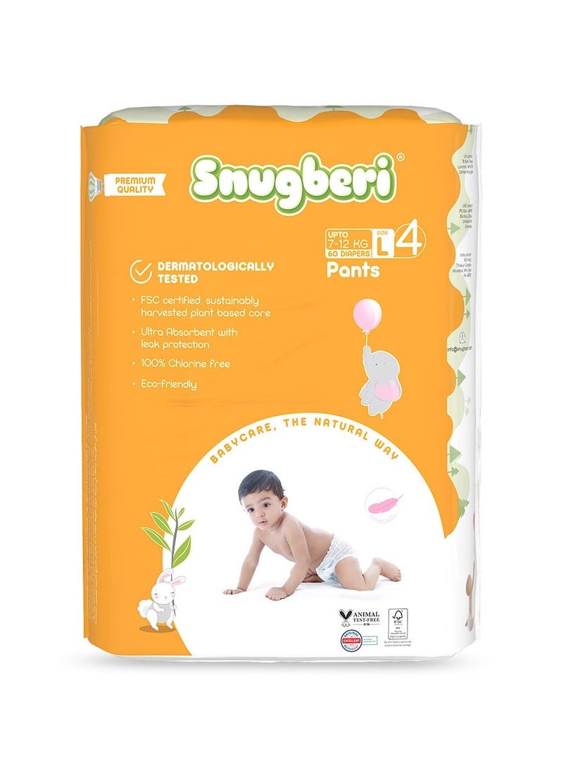 Premium Eco-Friendly Chlorine Free Feather Soft Printed Diapers Made Of Natural Wood Pulp With Wetness Indicator Diaper Pants Size 4 Large 7-12 Kg - Mega Pack 60'S