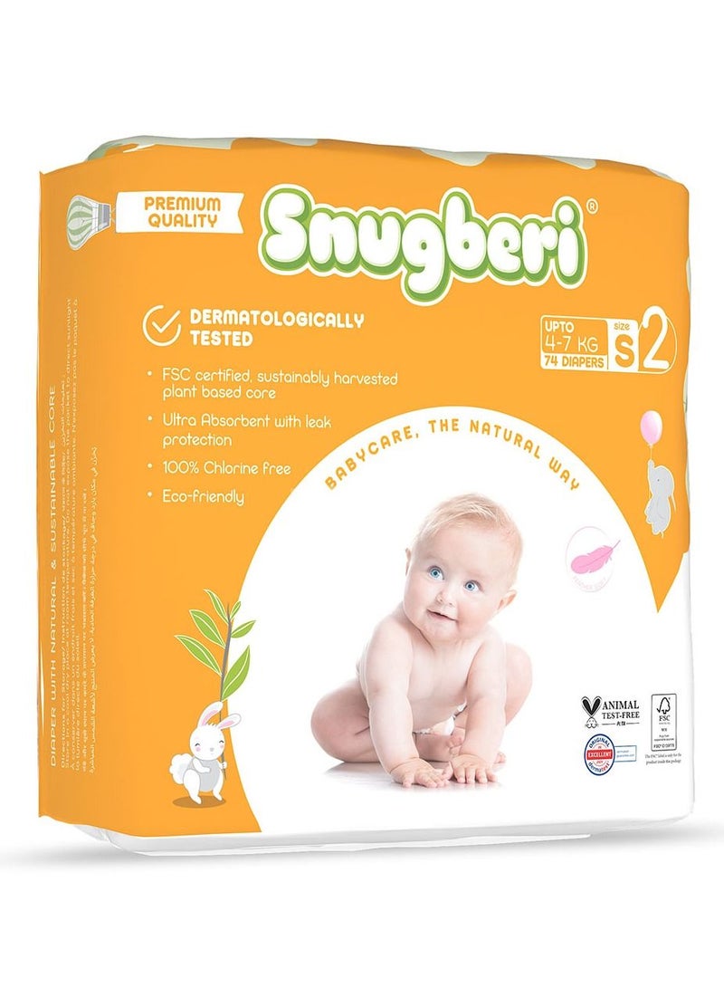 Premium Eco-Friendly Chlorine Free Feather Soft Printed Diapers Made Of Natural Wood Pulp With Wetness Indicator Size 2 Small 4-7Kg - Mega Pack 74'S