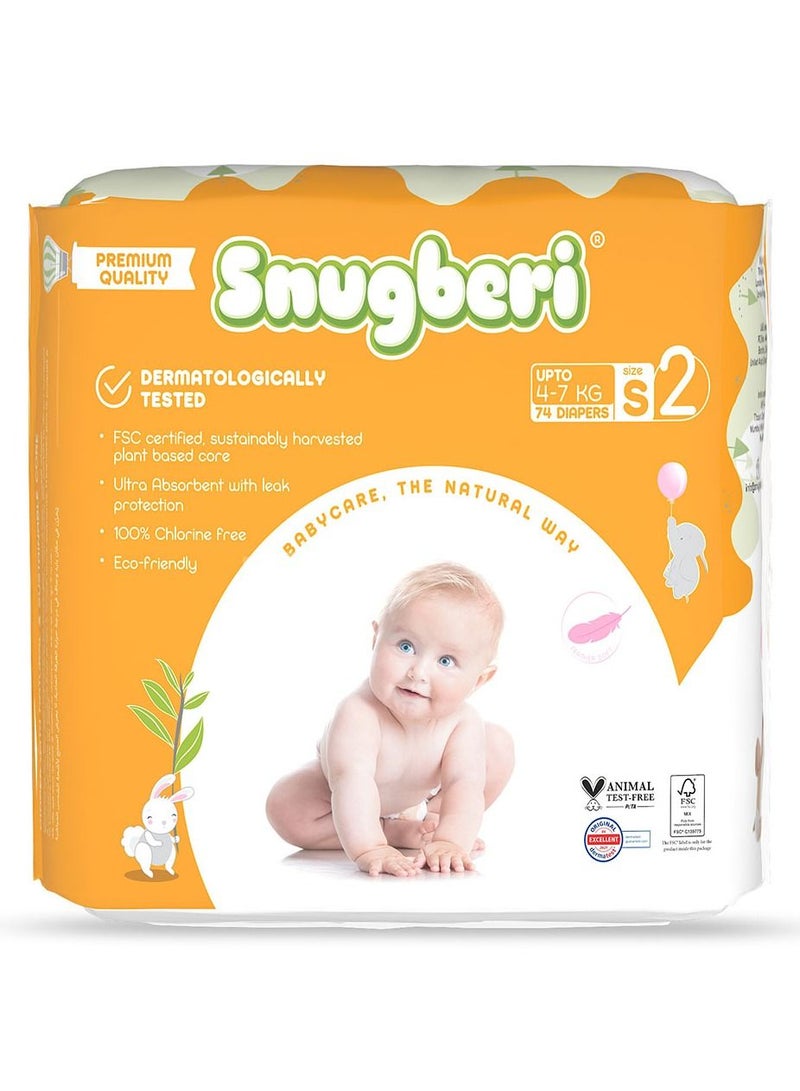 Premium Eco-Friendly Chlorine Free Feather Soft Printed Diapers Made Of Natural Wood Pulp With Wetness Indicator Size 2 Small 4-7Kg - Mega Pack 74'S
