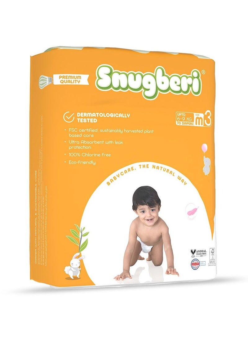 Premium Eco-Friendly Chlorine Free Feather Soft Printed Diapers Made Of Natural Wood Pulp With Wetness Indicator Size 3 Medium 6-9 Kg - Mega Pack 70'S