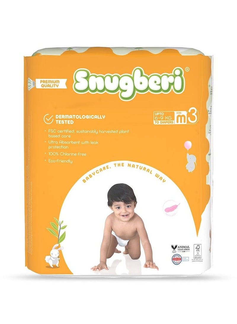 Premium Eco-Friendly Chlorine Free Feather Soft Printed Diapers Made Of Natural Wood Pulp With Wetness Indicator Size 3 Medium 6-9 Kg - Mega Pack 70'S