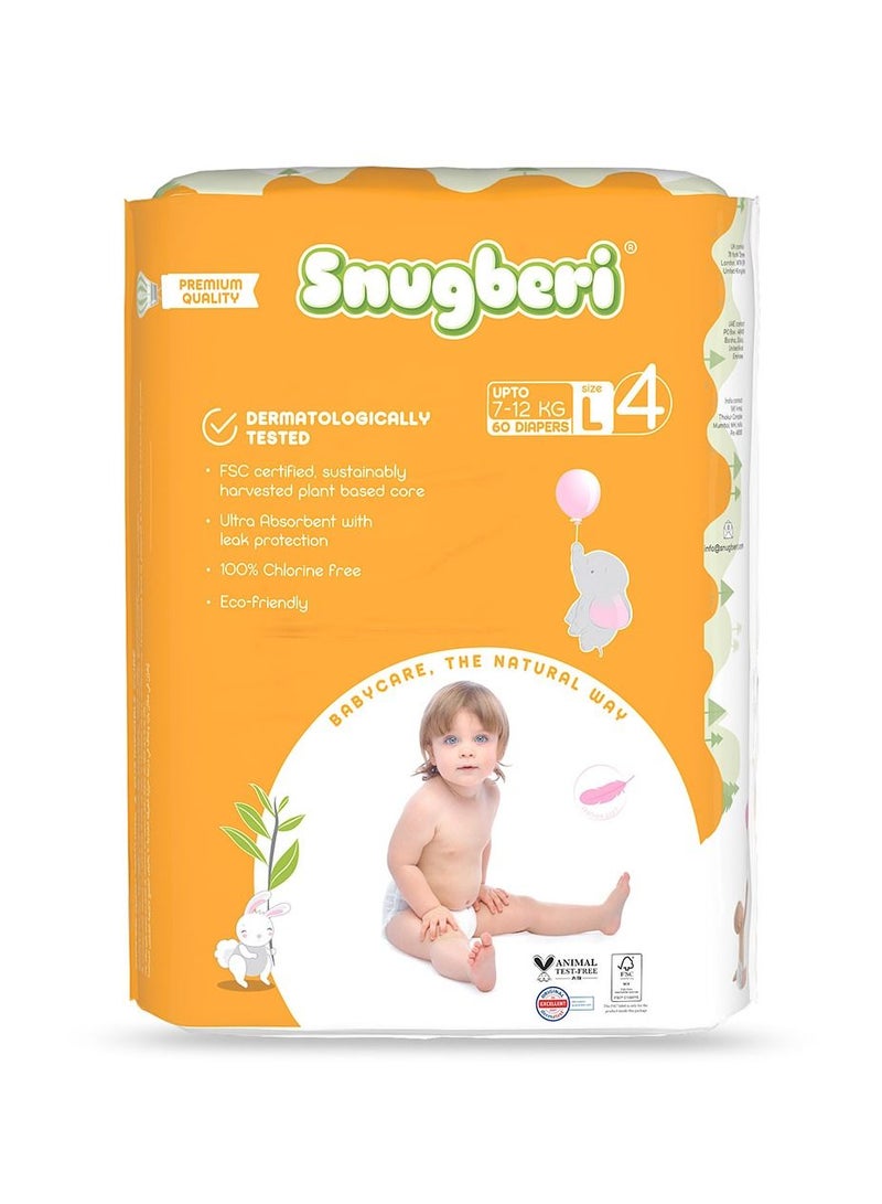 Premium Eco-Friendly Chlorine Free Feather Soft Printed Diapers Made Of Natural Wood Pulp With Wetness Indicator Size 4 Large 7-12 Kg - Mega Pack 60'S