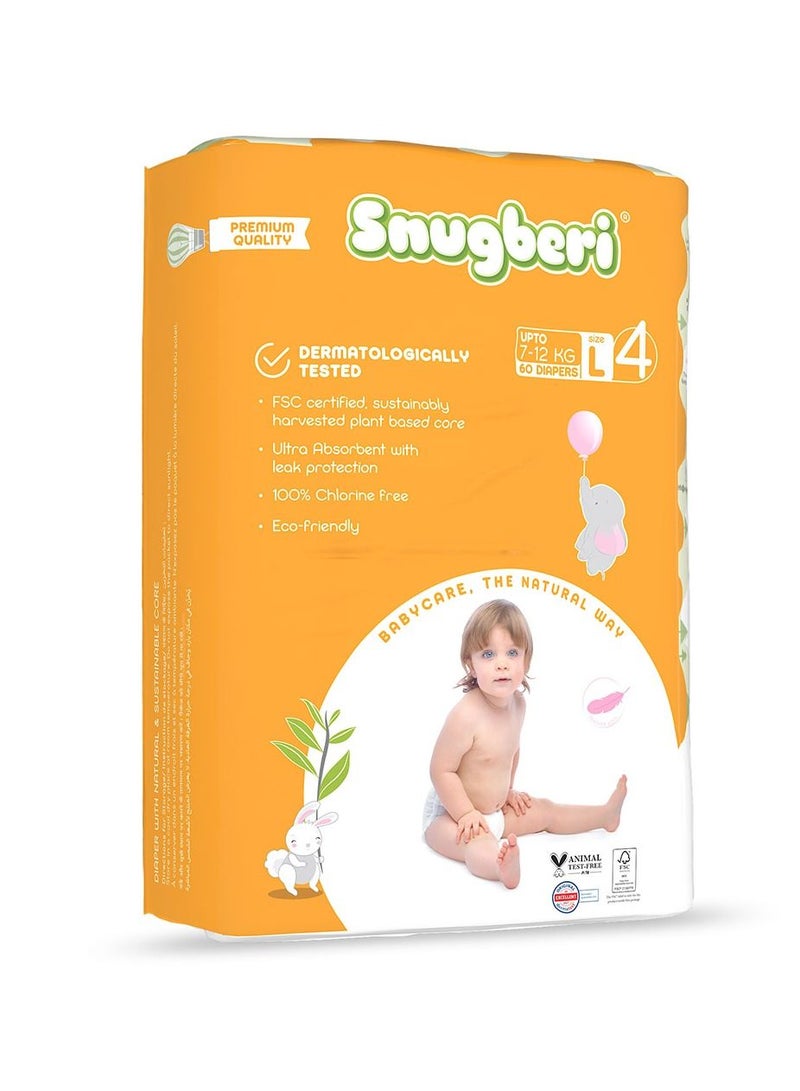 Premium Eco-Friendly Chlorine Free Feather Soft Printed Diapers Made Of Natural Wood Pulp With Wetness Indicator Size 4 Large 7-12 Kg - Mega Pack 60'S