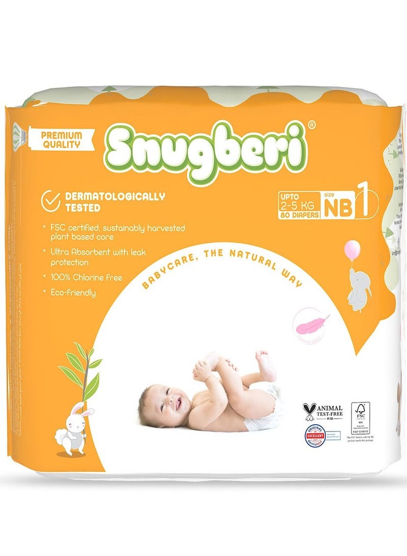 Premium Eco-Friendly Chlorine Free Feather Soft Printed Diapers Made Of Natural Wood Pulp With Wetness Indicator Size 1 New Born 2-5Kg - Mega Pack 80'S
