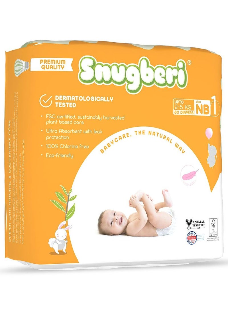 Premium Eco-Friendly Chlorine Free Feather Soft Printed Diapers Made Of Natural Wood Pulp With Wetness Indicator Size 1 New Born 2-5Kg - Mega Pack 80'S