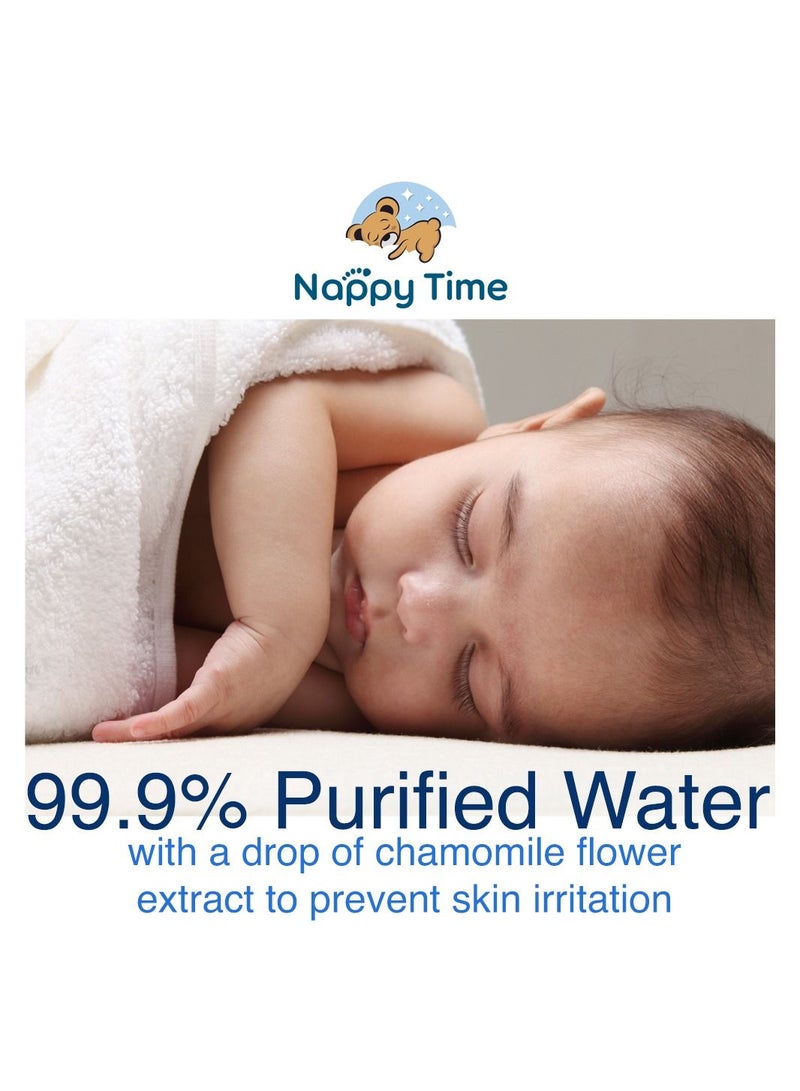 Nappy Time Baby Wipes 99.9% Pure Water With Chamomile Extract, Pack Of 8 Pouches +4 Free x60 Sheets, 720 Wipes