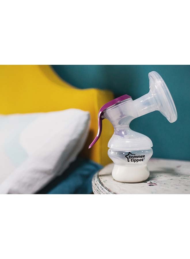 Manual Breast Pump with soft, cushioned silicone cup and narrow neck for hand strain reduction