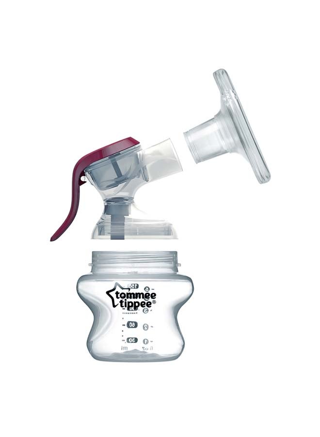 Manual Breast Pump with soft, cushioned silicone cup and narrow neck for hand strain reduction