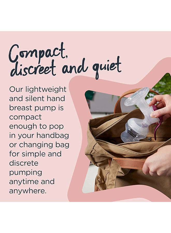 Manual Breast Pump with soft, cushioned silicone cup and narrow neck for hand strain reduction