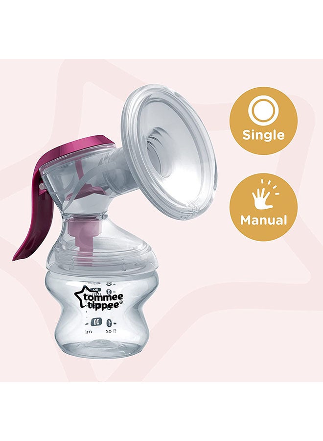 Manual Breast Pump with soft, cushioned silicone cup and narrow neck for hand strain reduction