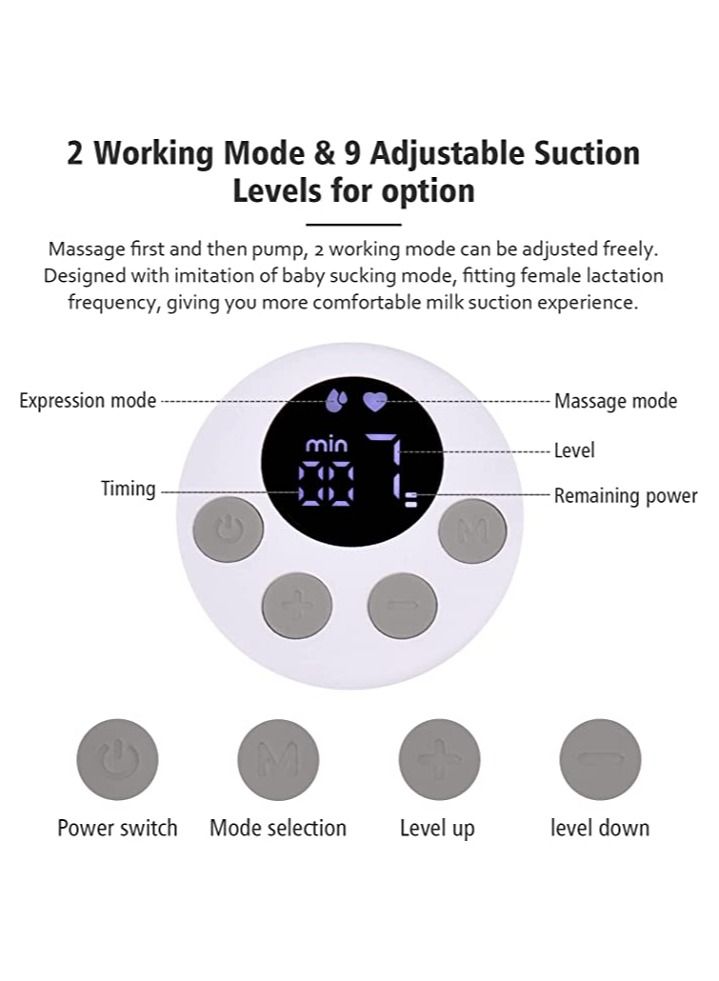 Wearable Electric Breast Pump Silent Invisible Hands Free Breast Pump 2 Modes 9 Levels Adjustable with LCD Display Screen Intelligent Timing for Home Travel