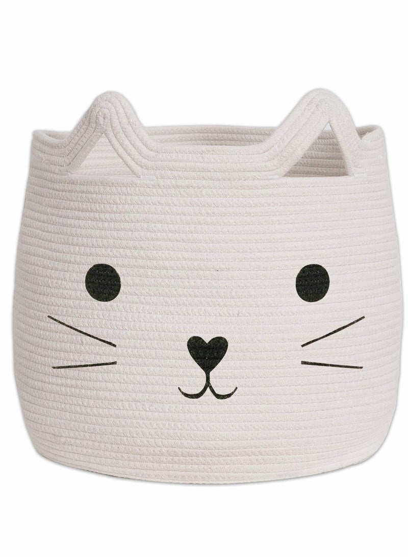 Large Woven Cotton Rope Storage Basket with Cute Cat Design Animal Laundry Organizer for Towels, Blanket, Toys, Clothes, Gifts – Pet or Baby Gift Baskets(40cm L×30cmH)