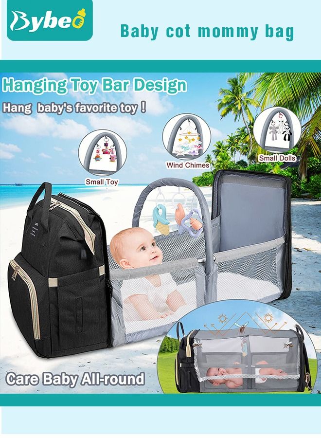 Baby Diaper Bag Backpack, Multifunction Diapers Changing Station & Toy Bar for Outdoor and Travel, Infant Shower Gifts, Large Capacity, USB Port, 3 Toys