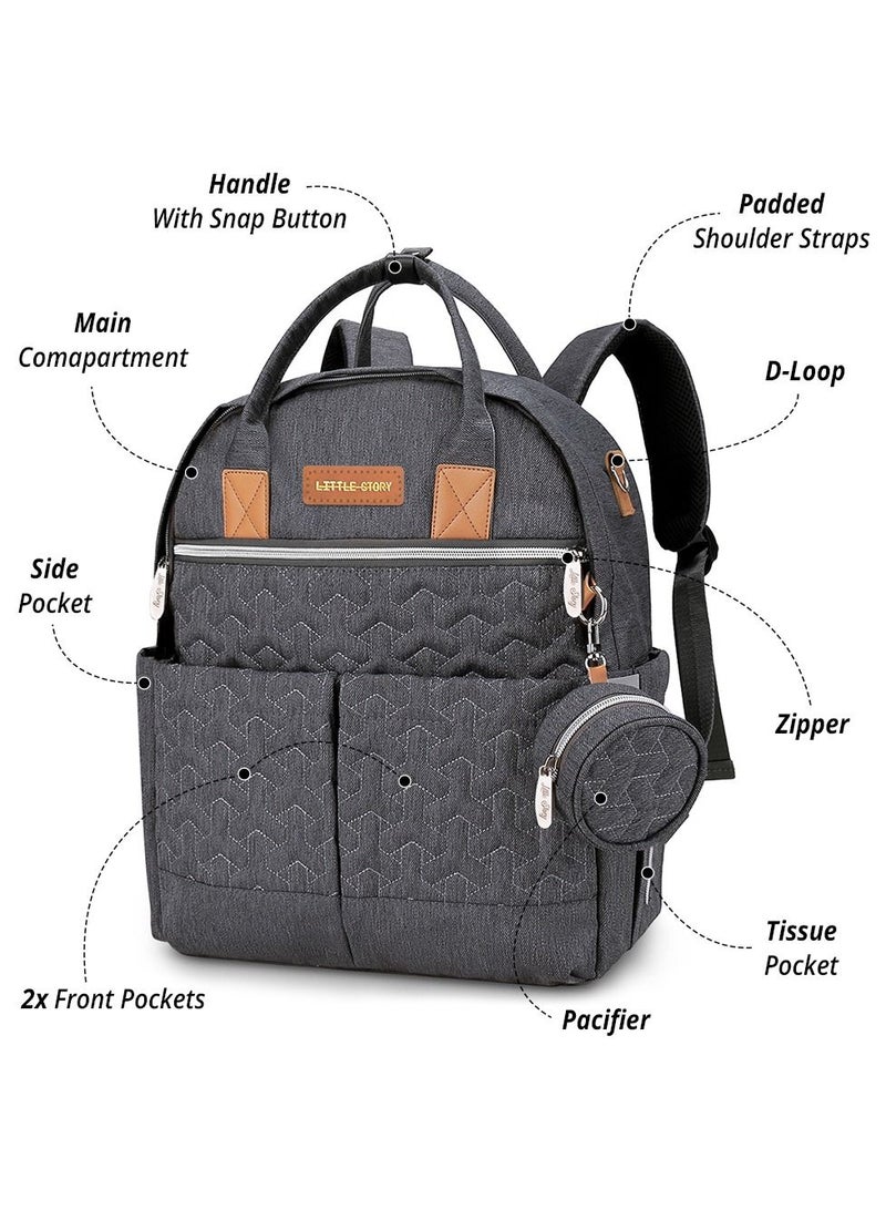 Quilted Diaper Backpack With Pacifier Bag And Stroller Hooks - Grey