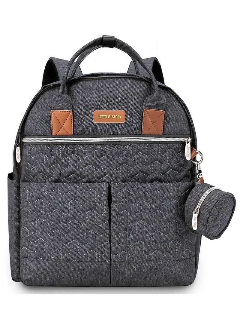 Quilted Diaper Backpack With Pacifier Bag And Stroller Hooks - Grey