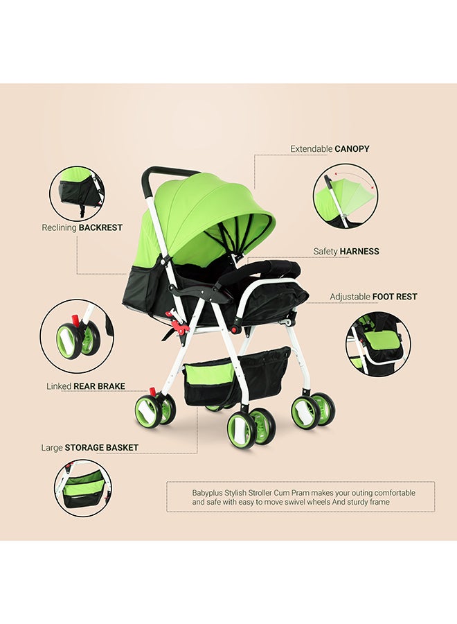 Two Tray One Hand Fold Multi Position Recline Baby Stroller With Large Canopy And Shopping Basket