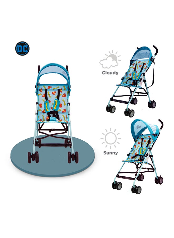 DC Comics Superman Lightweight Buggy Stroller | 3 - 36 Months, Light Blue, Rear Breaks, Shoulder Strap