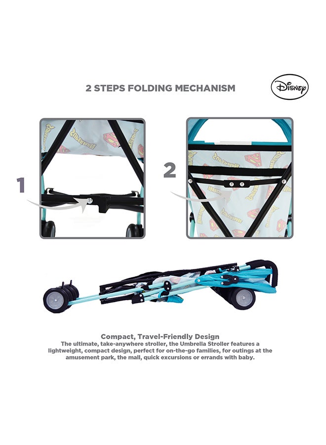 DC Comics Superman Lightweight Buggy Stroller | 3 - 36 Months, Light Blue, Rear Breaks, Shoulder Strap