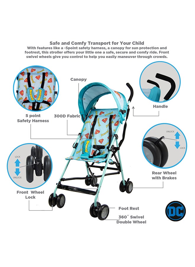 DC Comics Superman Lightweight Buggy Stroller | 3 - 36 Months, Light Blue, Rear Breaks, Shoulder Strap
