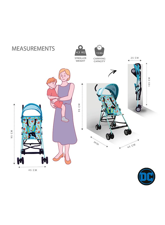 DC Comics Superman Lightweight Buggy Stroller | 3 - 36 Months, Light Blue, Rear Breaks, Shoulder Strap