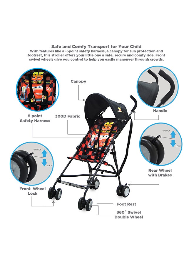 Car Lightning Mcqueen Lightweight Foldable Buggy Stroller With Adjustable Canopy - Multicolour