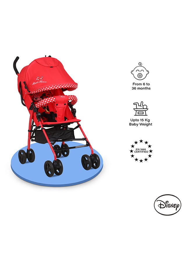 Mickey And Friends - Minnie Mouse Lightweight Adventure Stroller + Storage Cabin | 3 - 36 Months, Compact Design, Shoulder Strap, Adjustable Reclining Seat