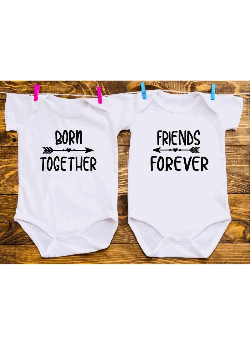 Pack Of 2 Born Together Friends Forever Printed Unisex Twins Baby Romper