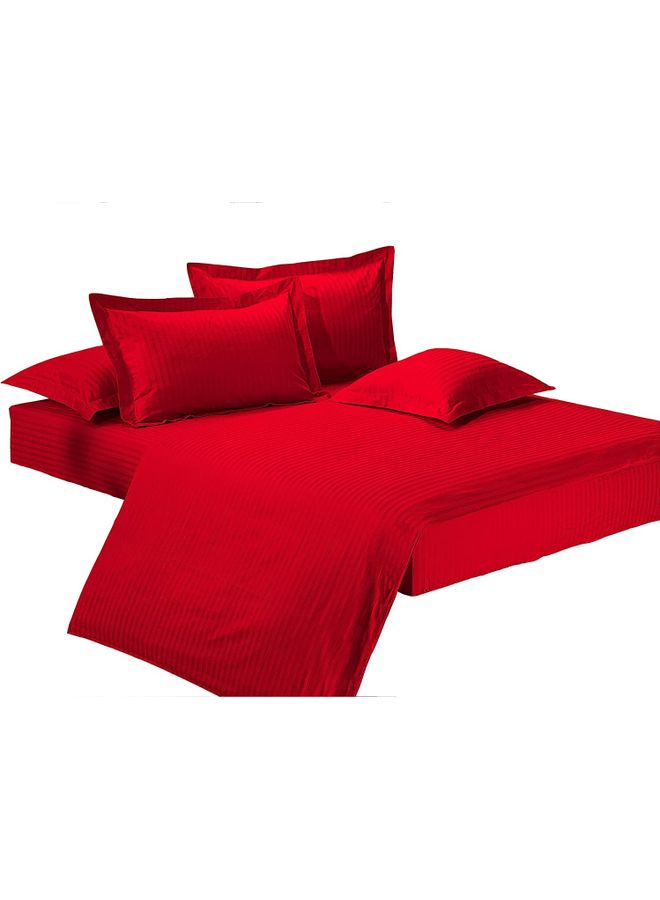 4-Piece Single Size Sateen Striped Zipper Closure Duvet Cover Set Cotton Blend Red