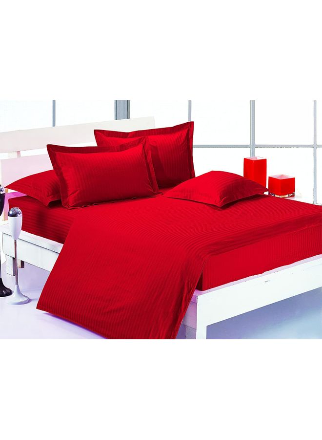 4-Piece Single Size Sateen Striped Zipper Closure Duvet Cover Set Cotton Blend Red