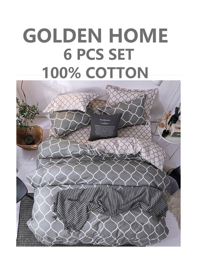 6-Piece Printed Combination King Size Duvet Cover Set Includes 1xFitted Bedsheet 200x200+30cm, 1xDuvet Cover 220x240 cm, 2xPillowcase 55x80cm, 2xCushion Case 45x70cm