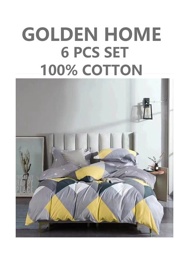 6-Piece Printed Combination King Size Duvet Cover Set Includes 1xFitted Bedsheet 200x200+30cm, 1xDuvet Cover 220x240 cm, 2xPillowcase 55x80cm, 2xCushion Case 45x70cm