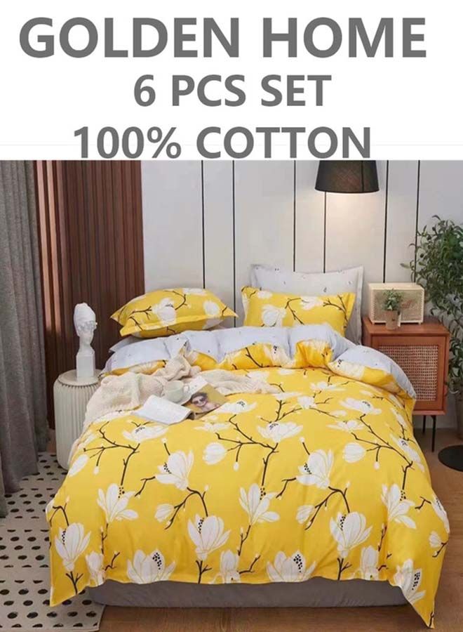6-Piece Printed Combination King Size Duvet Cover Set  Includes 1xFitted Bedsheet 200x200+30cm, 1xDuvet Cover 220x240 cm, 2xPillowcase 55x80cm, 2xCushion Case 45x70cm Cotton