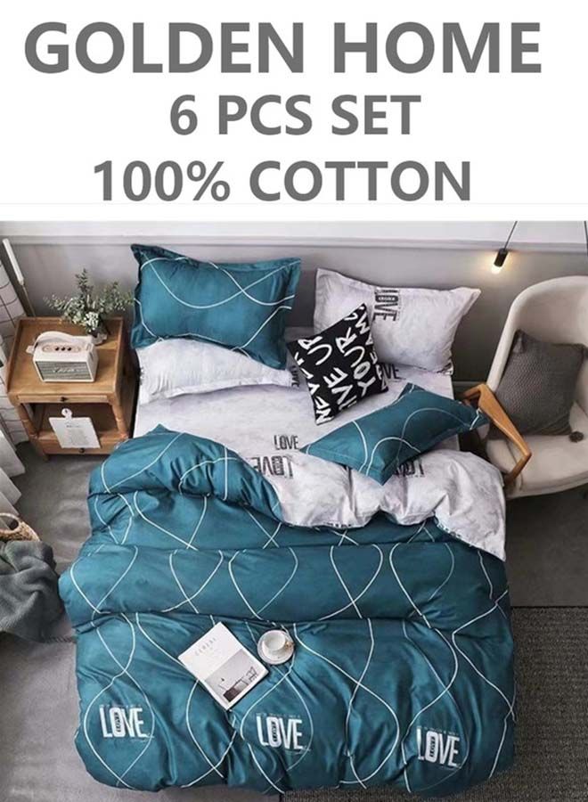 6-Piece Single Size Cotton Printed Combination Duvet Cover Set Includes 1xFitted Bedsheet 120x200+30cm, 1xDuvet/Bed Cover 160x210 cm, 2xPillowcase 55x80cm, 2xCushion Case 45x70cm Multicolour