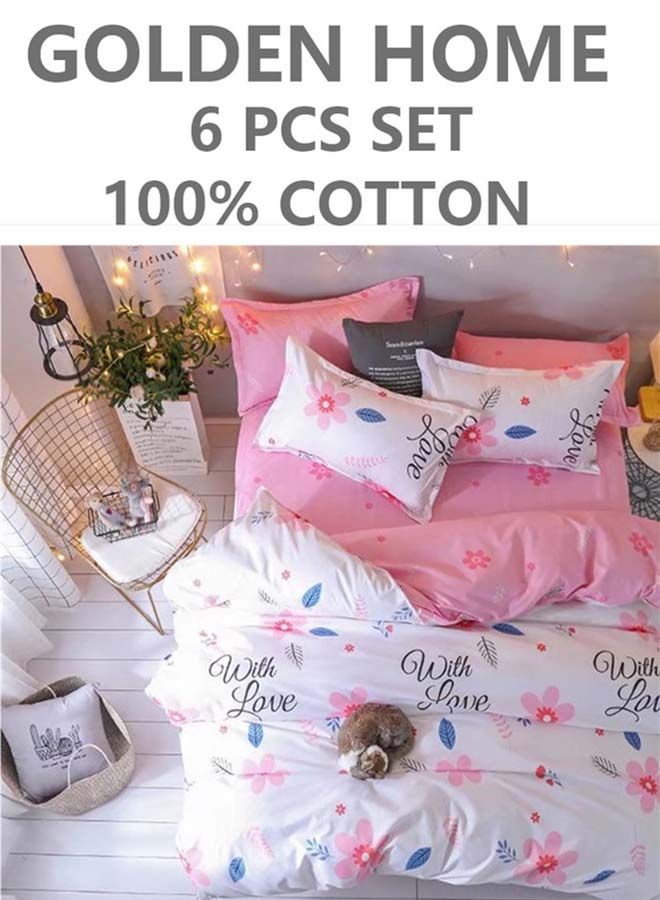 6-Piece Single Size Cotton Printed Combination Duvet Cover Set Includes 1xFitted Bedsheet 120x200+30cm, 1xDuvet/Bed Cover 160x210 cm, 2xPillowcase 55x80cm, 2xCushion Case 45x70cm Multicolour