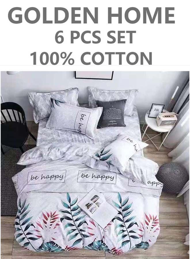 6-Piece Single Size Cotton Printed Combination Duvet Cover Set Includes 1xFitted Bedsheet 120x200+30cm, 1xDuvet/Bed Cover 160x210 cm, 2xPillowcase 55x80cm, 2xCushion Case 45x70cm Multicolour