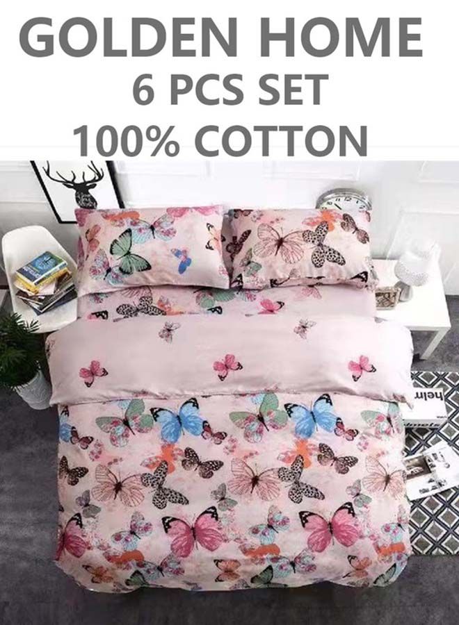 6-Piece Single Size Cotton Printed Combination Duvet Cover Set Includes 1xFitted Bedsheet 120x200+30cm, 1xDuvet/Bed Cover 160x210 cm, 2xPillowcase 55x80cm, 2xCushion Case 45x70cm Multicolour