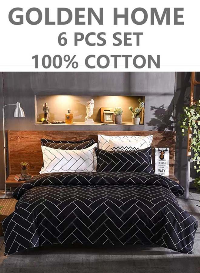 6-Piece Single Size Cotton Printed Combination Duvet Cover Set Includes 1xFitted Bedsheet 120x200+30cm, 1xDuvet/Bed Cover 160x210 cm, 2xPillowcase 55x80cm, 2xCushion Case 45x70cm Multicolour