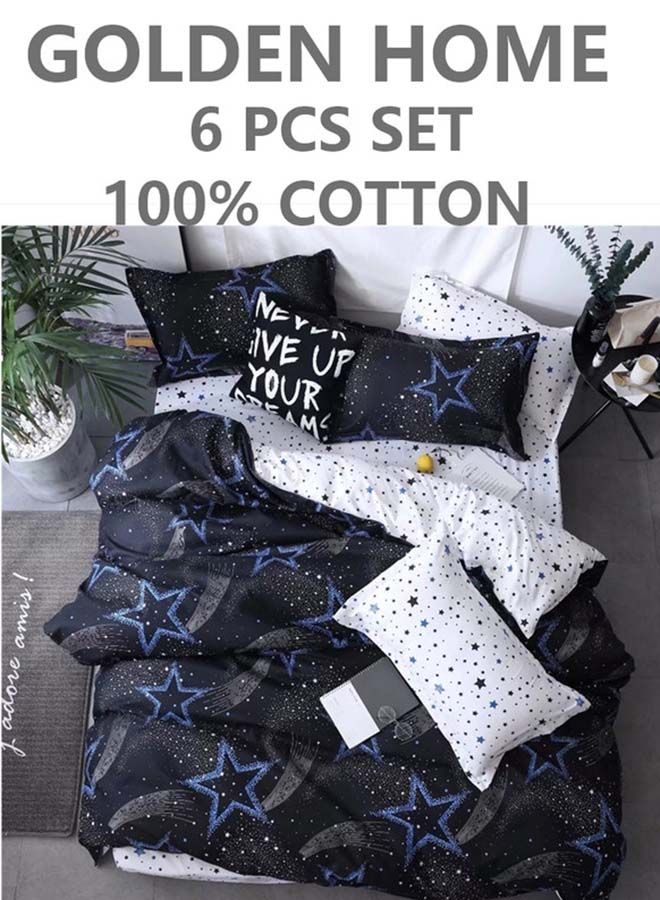 6-Piece Single Size Cotton Printed Combination Duvet Cover Set Includes 1xFitted Bedsheet 120x200+30cm, 1xDuvet/Bed Cover 160x210 cm, 2xPillowcase 55x80cm, 2xCushion Case 45x70cm Multicolour