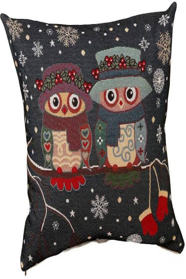 Owl Printed Cushion Cover linen Black/Red/Blue 45x45cm