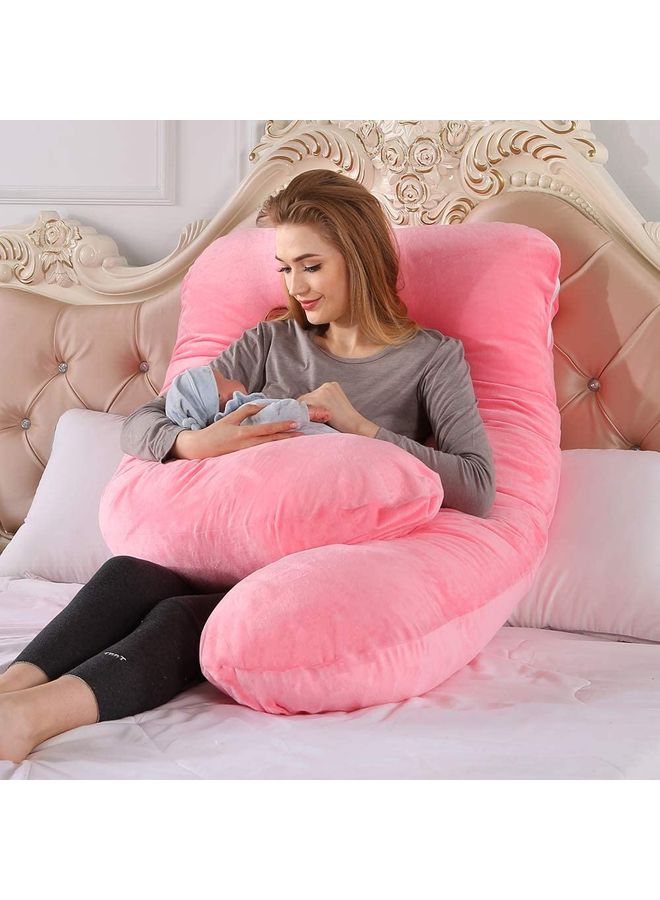 U Shaped Nursing And Maternity Pillow With Removable Velvet Cover Cotton Pink 55x27x7.8inch