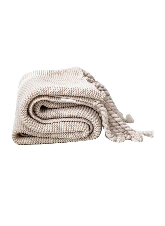Solid Color Knitted Tassel Throw Blanket Cotton Beige 130x170centimeter