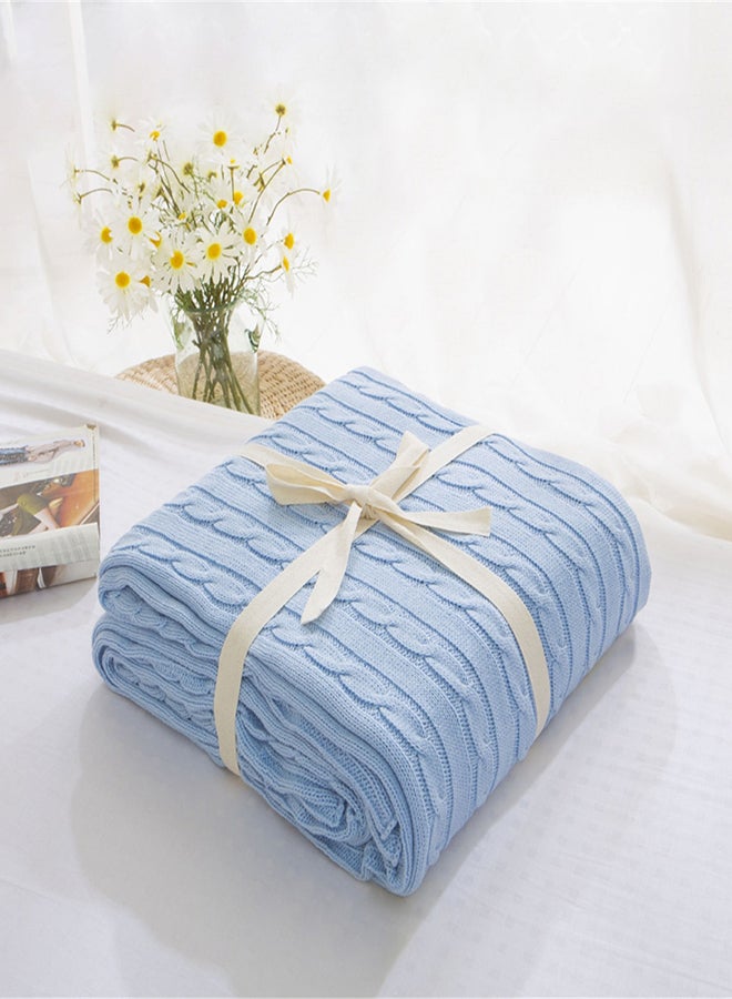 Cable Knit Solid Color Throw Blanket Cotton Blue 110x180cm