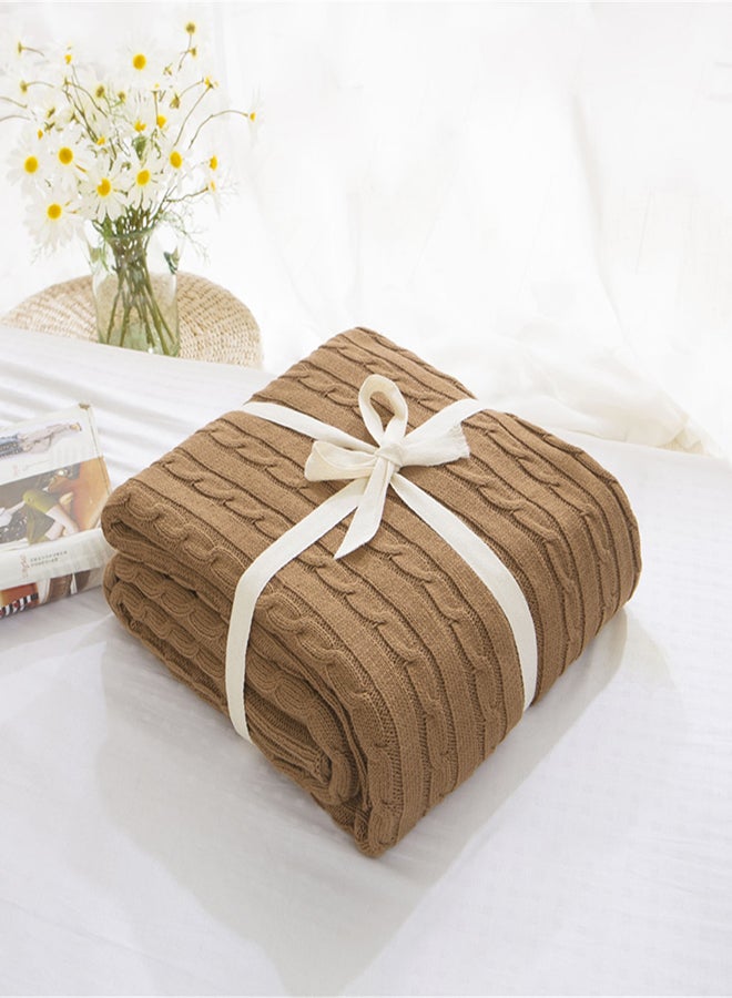 Cable Knit Solid Color Throw Blanket cotton Brown 110x180cm