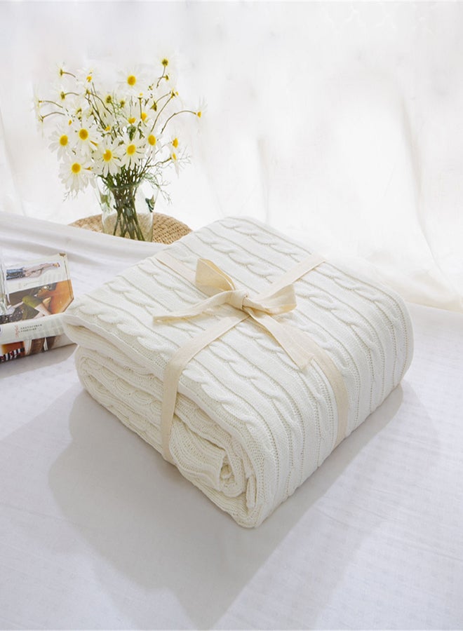 Cable Knit Solid Color Throw Blanket cotton White 180x200cm