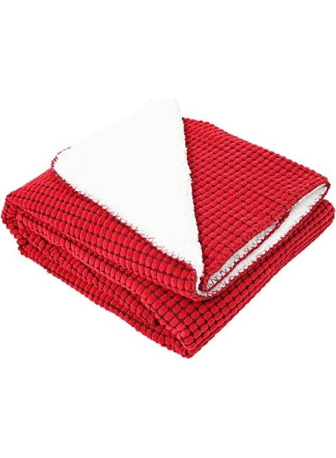 Corduroy Sherpa Fleece Throw Blanket Cotton Red/White 50inch