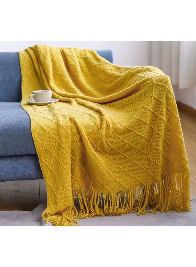Tassel Design Soft Blanket Keep Warm Cotton Yellow 127 x 172cm